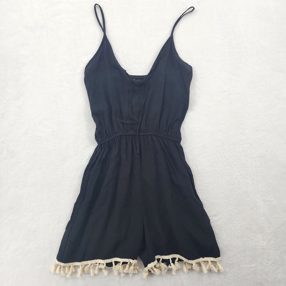 Eclata Women's Black Fringed Hem Jumpsuit With Spaghetti Strap Small Med…